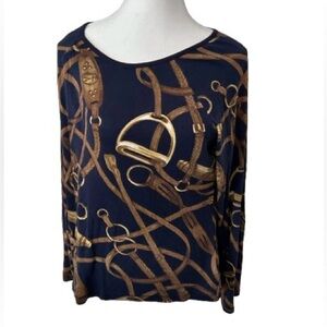 Ralph Lauren Navy and Gold Equestrian Long Sleeve Top